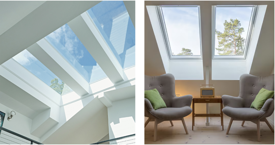 Modern interior with large skylights. Left: Open ceiling flooding space with natural light. Right: Cozy room, two chairs, green cushions, and trees visible.